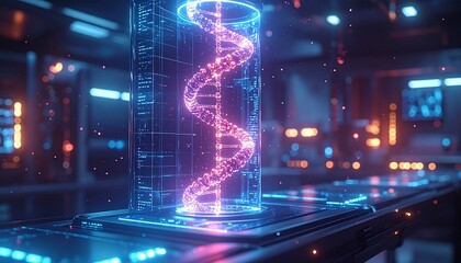 Futuristic DNA Helix Visualization in a High-Tech Laboratory Setting