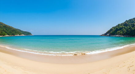 Fototapeta premium Sandy Shoreline Turquoise Water and Green Forest on Coastline Under Clear Blue Sky Wide Angle Panorama