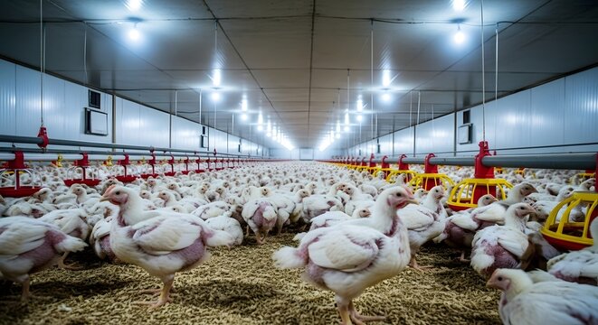 Indoor poultry farm with many white chickens.