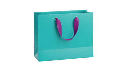 Isolated turquoise gift bag with purple handles for shoppers for presents, gifts, or merchandise