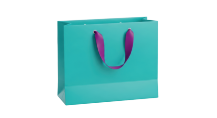 Isolated turquoise gift bag with purple handles for shoppers for presents, gifts, or merchandise