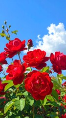 Lush red roses bloom vibrantly against a brilliant blue sky and fluffy white clouds.