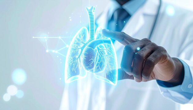 Healthcare professional engaging with a futuristic holographic display of human lungs and heart, illustrating advanced medical diagnostics and anatomical research