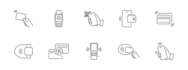 Nfc wireless payment icon set. Fintech apps, online shopping, banking platforms, and financial technology projects symbols. Icons for web, mobile, and UI/UX interfaces. Vector illustration.