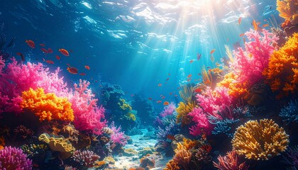 Fototapeta premium Vibrant coral reef teeming with life, showcasing a dazzling array of colors beneath a sunlit ocean.