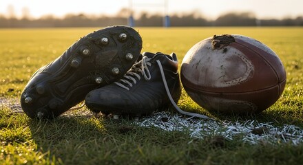 A pair of muddy rugby boots and a well-used ball sit on the white line of a grassy pitch at sunset.