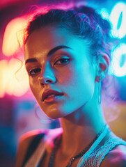 Modern portrait photography with neon pink and cyan lighting for edgy look. Street style, Urban nightlife photography.
