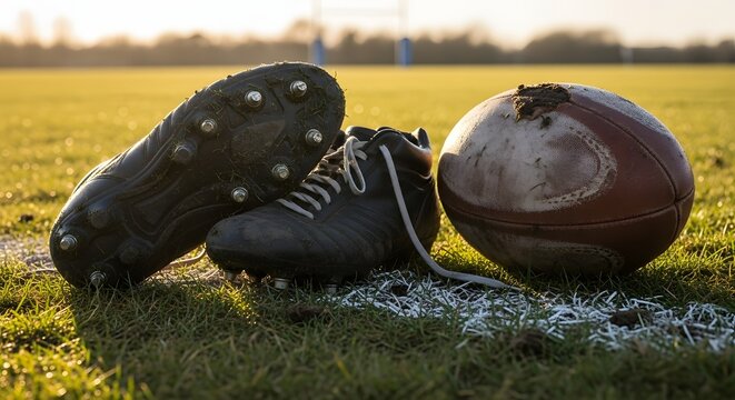 A pair of muddy rugby boots and a well-used ball sit on the white line of a grassy pitch at sunset.