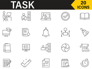 Task line icon set. Set of related to 20 icons business, task list, clipboard, productivity, pencil calendar, note, document, planning, gear, checklist, checkmark and more outline symbol collection.