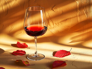 Wine tasting concept with red wine glass and warm golden lighting.