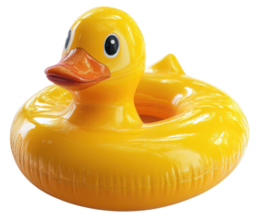Inflatable yellow duck swimming ring, isolated on white background
