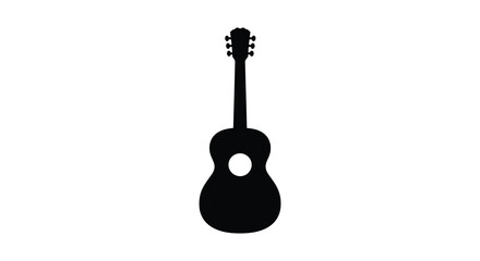 A simple black silhouette of an acoustic guitar on a white background