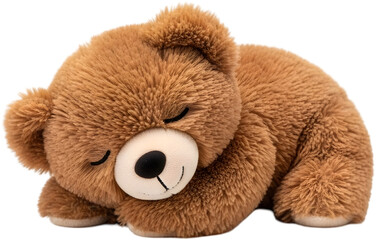 Cute plush teddy bear sleeping peacefully on a soft surface, evoking warmth and comfort
