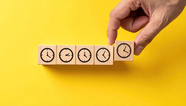 Hand placing wooden block with clock icon, representing time progression on yellow background