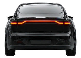 Rear view of a sleek black car with glowing red taillights