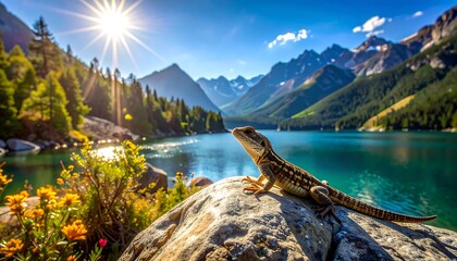 A lizard basks in the sun's warmth atop a rocky outcrop overlooking a serene mountain lake, surrounded by lush greenery and majestic peaks.