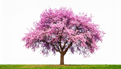 Vibrant pink blossoming cherry tree isolated on a white background