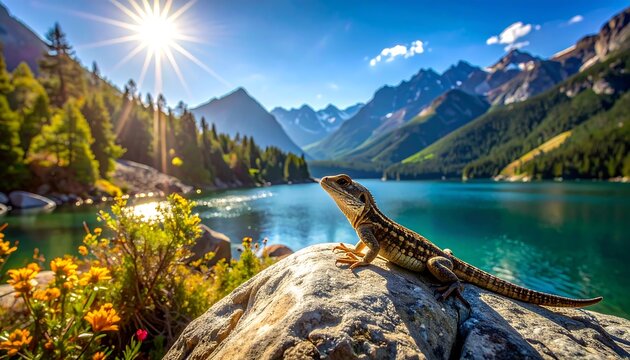 A lizard basks in the sun's warmth atop a rocky outcrop overlooking a serene mountain lake, surrounded by lush greenery and majestic peaks. - Powered by Adobe