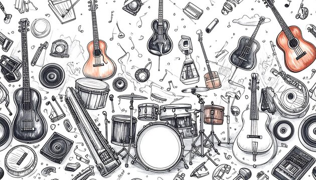 A colorful illustration of various musical instruments