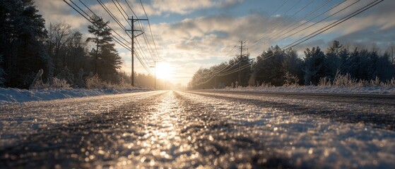 Glistening Winter Road at Sunset - Golden Light on Icy Surface.