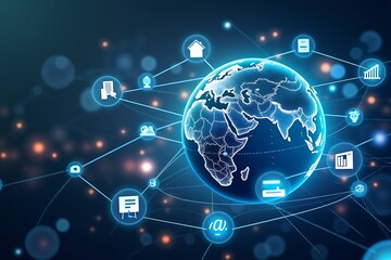 Glowing blue Earth with digital network and abstract lights