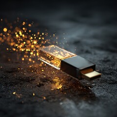 Glowing USB Drive - Data Transfer with Sparkling Light Effects on Dark Surface.