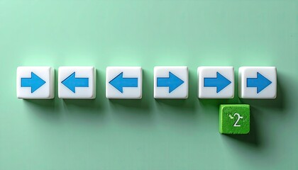 Obraz premium Decision-Making Concept: Blue Arrows and Green Number Two Cube on Mint Background