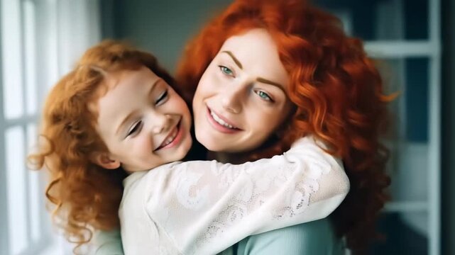 Happy ginger red hair mother and cute little daughter girl smiling and hugging each other.Slow motion video.AI Generative