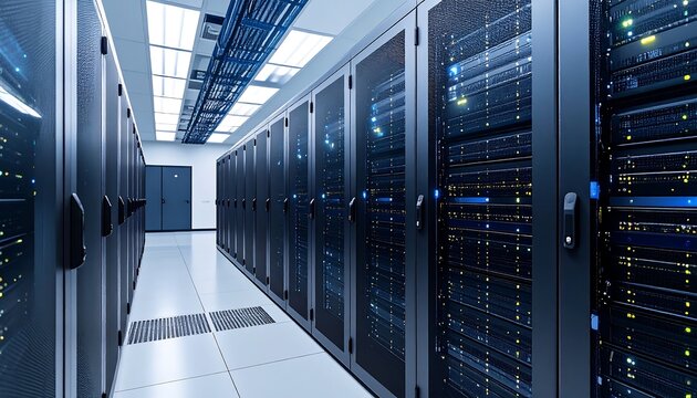 Interior view of a data center. Server racks in rows, with network cables overhead and doorways. Brightly lit, showing advanced equipment