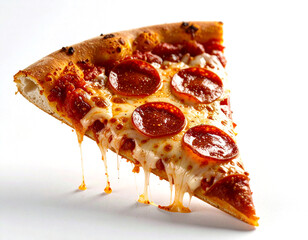 A close-up of a delicious slice of New York-style pepperoni pizza with melted cheese stretching down, isolated on a white background.