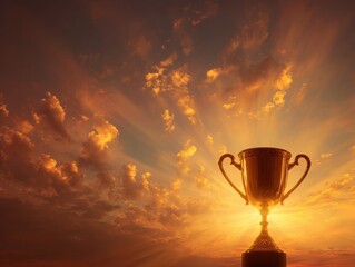Golden Champions Trophy Silhouetted Against a Dramatic, Fiery Sunset Sky.