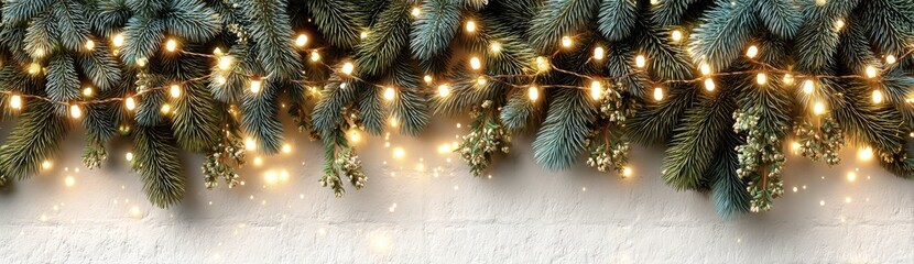 Festive evergreen boughs adorned with warm-toned fairy lights against a textured white background, creating a magical holiday scene