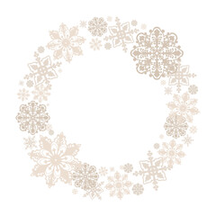 Christmas wreath for greeting card,invitations vintage openwork airy snowflakes in beige colors isolated on white.Hand-drawn watercolor illustration in monochrome