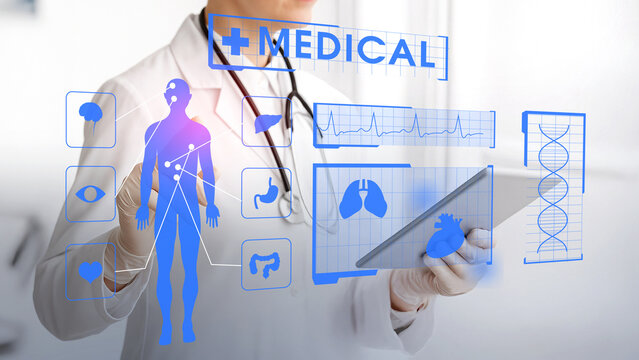 Double exposure medical female doctor working with modern computer interface, digital healthcare concept