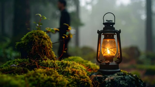 Vintage lantern in misty forest