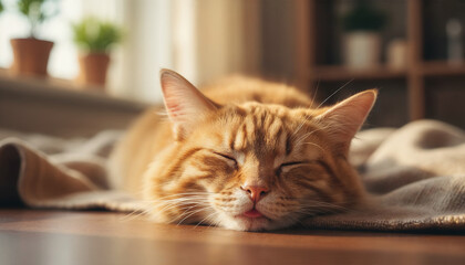 Orange cat is sleeping with tongue out in the house, happy face, warm tone, close up of cat's face.