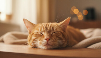 Orange cat is sleeping with tongue out in the house, happy face, warm tone, close up of cat's face.
