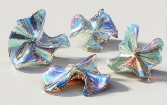 Four iridescent, biomorphic sculptures with flowing, folded forms rest on a light gray surface, casting subtle shadows; showcasing an interplay of light and reflective surfaces