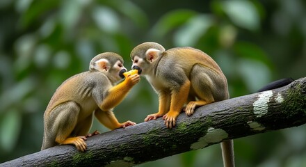 Obraz premium Two squirrel monkeys share a tender moment on a branch
