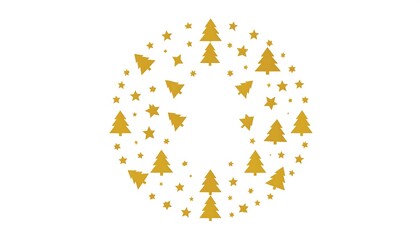 A circular design featuring gold Christmas tree shapes and stars, arranged in a festive pattern against a plain white background.