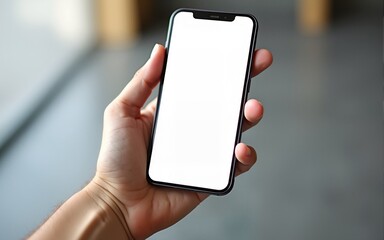 Person holding smartphone with blank screen for mobile mockups. High quality