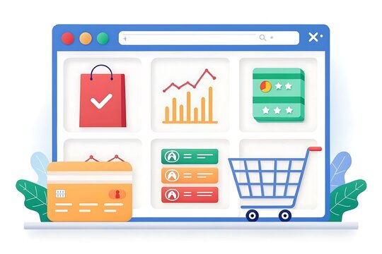 Online retail dashboard with shopping bag and credit card
