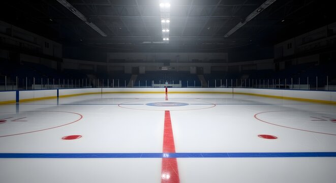 An empty ice hockey rink with bright overhead lights illuminating the ice and surrounding seating areas.