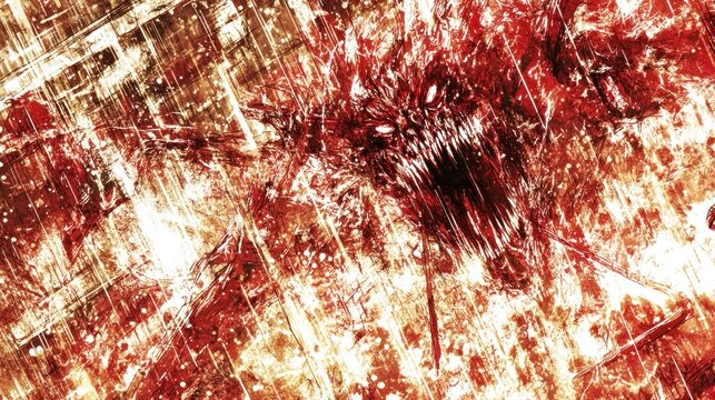 Abstract Horror: Crimson Beast with Glowing Eyes, Jagged Teeth, and Intense Texture