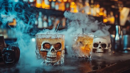 Halloween bar setup with fog, cobwebs, and cocktails served in skull mugs .