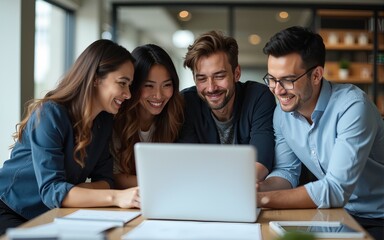 Obraz premium Diverse team of colleagues collaborating on a project in a modern corporate business setting. High quality