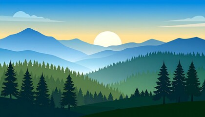 Sunrise over mountain range with forests