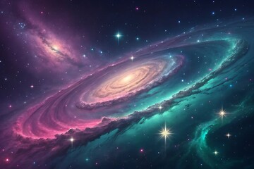 Obraz premium Radiant Galaxy Gradient with swirling cosmic ribbons and twinkling stars 