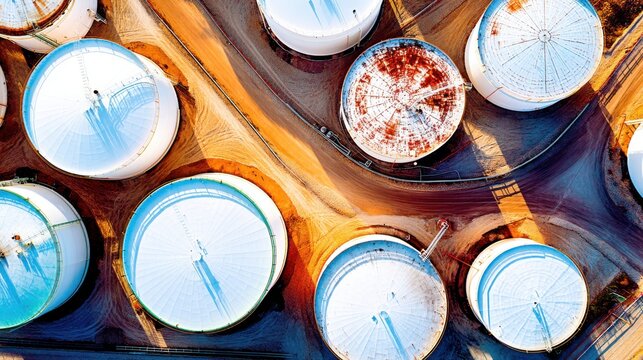 Industrial storage tanks oil refinery aerial view urban environment bright colors energy concept for modern industry