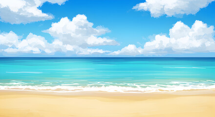 Serene Beach Landscape with Blue Sky and White Clouds Reflection on Turquoise Water